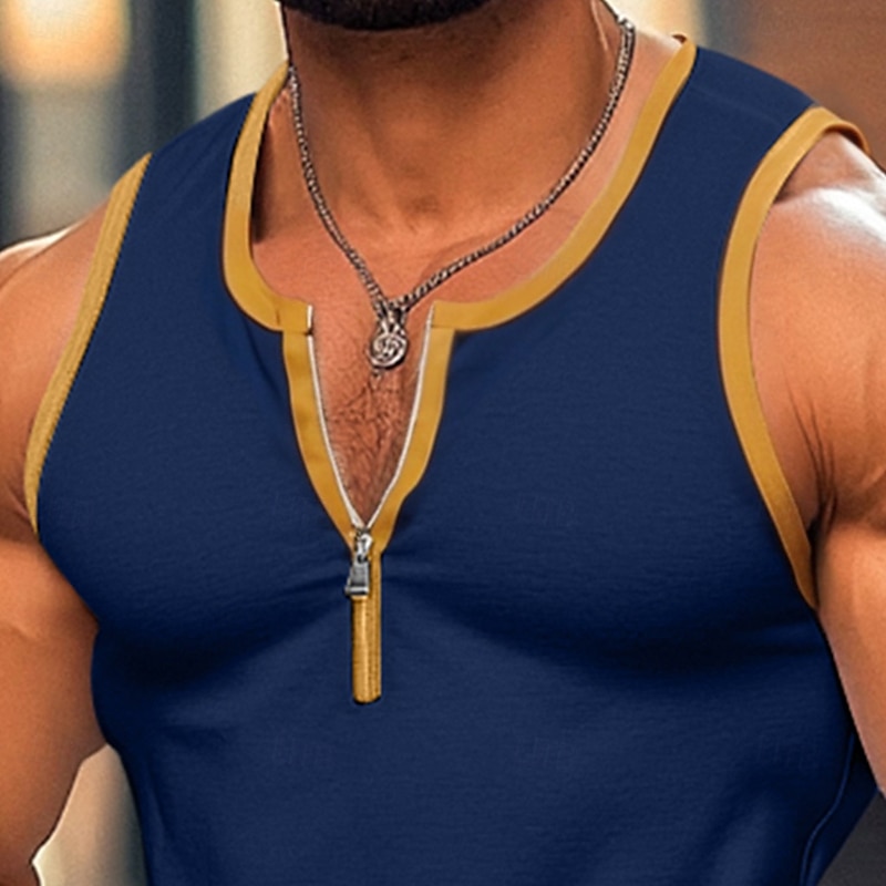 Men's Tank Top Vest Undershirt Sleeveless Shirt Sleeveless U Neck Summer Color Block Patchwork Fashion Classic Comfortable Zipper Street Casual Sports Black White Navy Blue Top Tee for Men2