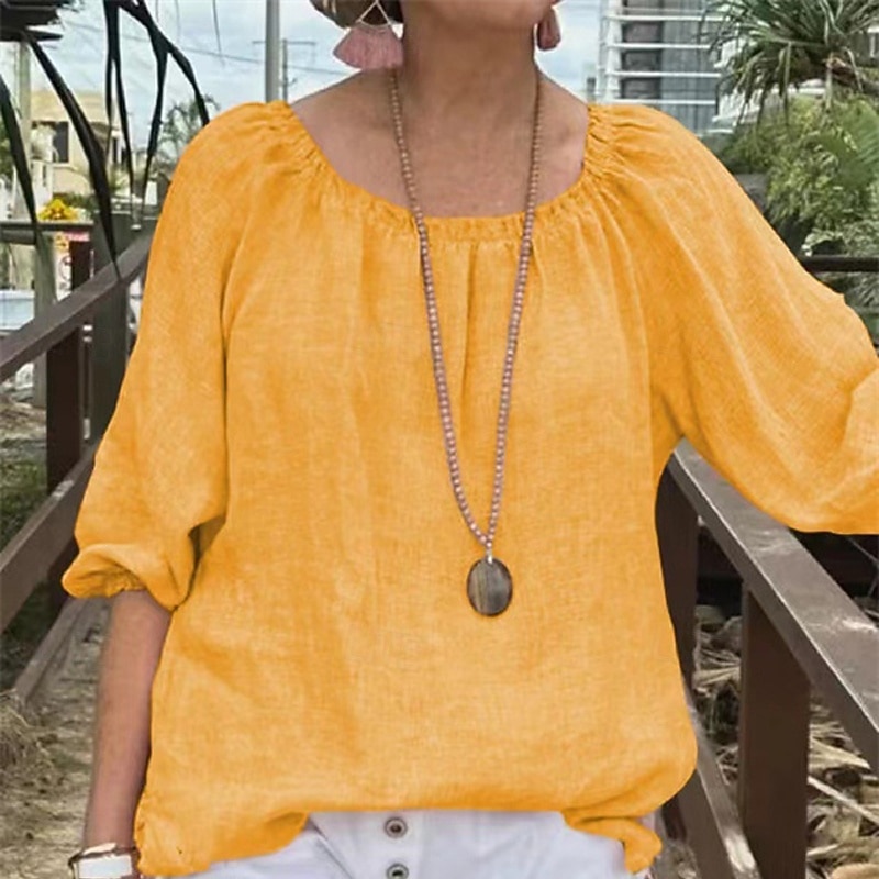 Women's Shirt Linen Shirt Cotton Linen Shirts Plain Daily Stylish Basic Long Sleeve Crew Neck Regular Tops Work Daily Holiday Yellow Green Light Grey Spring Fall