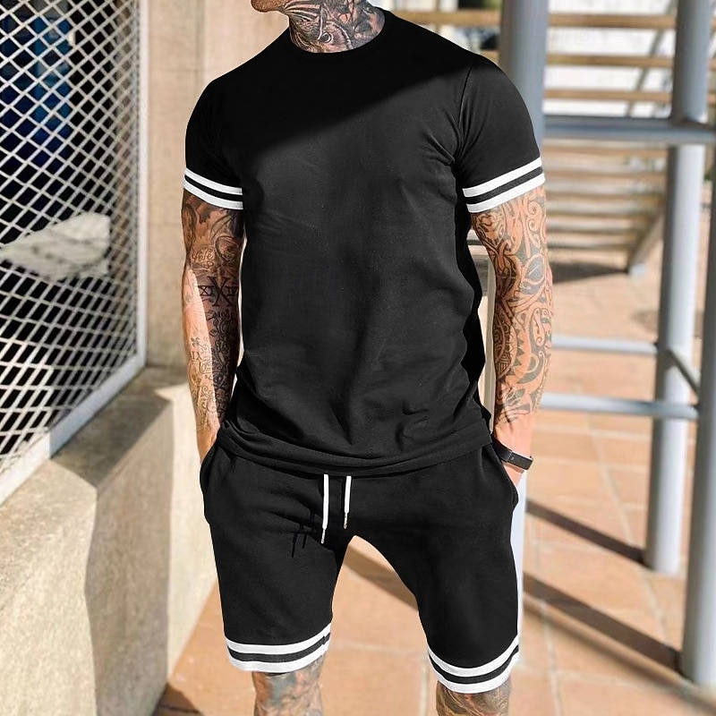 Men's Workout Set Tracksuit T shirt & Shorts Set Outfit Set Crew Neck Outdoor Daily Sports Pocket Drawstring 2 Piece Color Block Black Red Light Grey Polyester Activewear Classic Casual Summer3