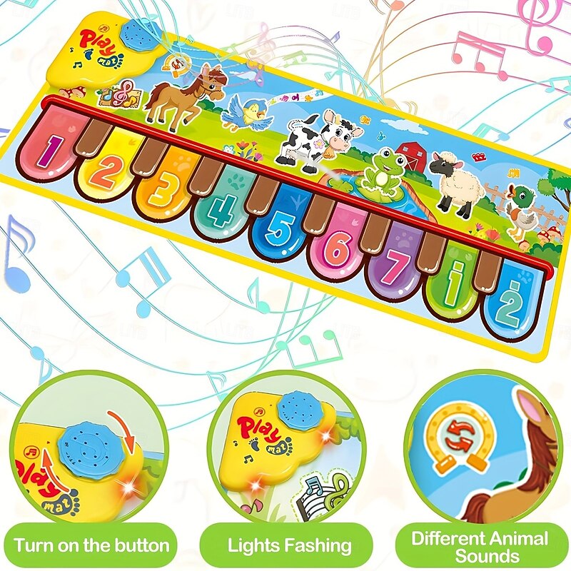 Multicolor Interactive Floor Piano Keyboard - 24 Sounds Musical Mat, Polyester Animal Design Carpet Blanket, Toys, Touch2