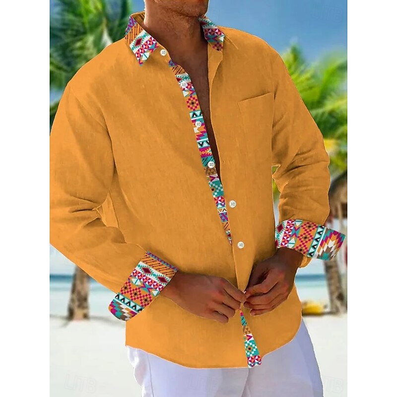 Men's Shirt Summer Shirt Casual Shirt Beach Shirt Button Up Shirt Orange khaki Beige Gray Long Sleeve Plain Pattern Lapel Vacation Hawaiian Button-Down Clothing Apparel Polyester Fashion Casual4
