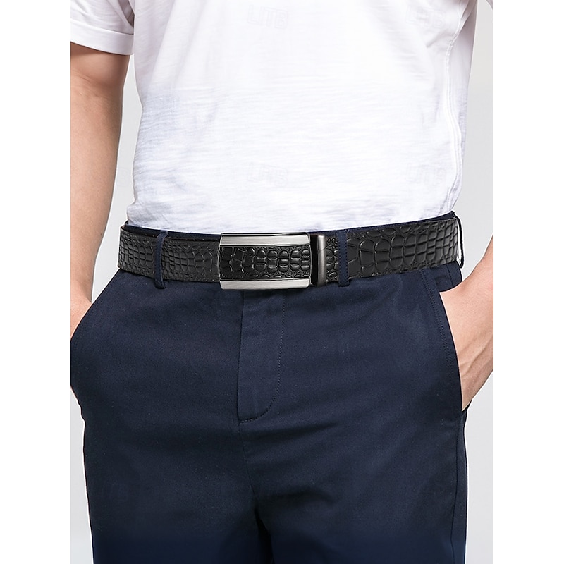 Men's Genuine Leather Crocodile Pattern Belt – Automatic Buckle, Luxury Business & Casual Dress Belt, Adjustable for Work, Weddings & Formal Events2