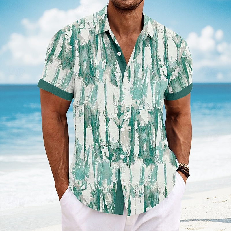 Men's Geometric Gradient Color Casual Shirt Button Up Shirt Short Sleeve Fashion Casual Vacation Holiday Streetwear Summer Spring Turndown 3D Print Collared Shirts Wine Blue Green2
