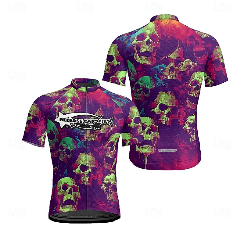 Men's Cycling Jersey Skull Short Sleeve Bike Tee Tshirt Jersey with 3 Rear Pockets Mountain Bike MTB Quick Dry Anatomic Design Wicking Breathable Sports Violet Black Dark Purple Clothing Apparel