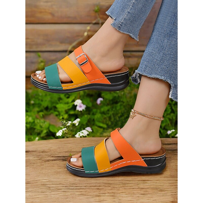 Colorful Strappy Wedge Sandals for Women – Comfortable Slip-On Sandals with Buckle Detail, Perfect for Summer Casual Wear and Outdoor Events4
