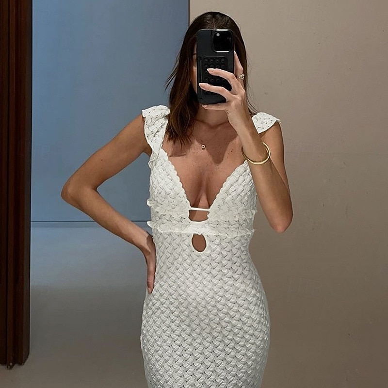 Women's Long Dress Maxi Dress White Dress Casual Dress Summer Dress Fashion Outdoor Party Holiday Regular Fit Plain Sleeveless Deep V White Summer Spring4