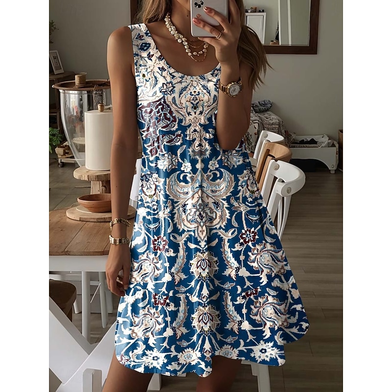Women's Mini Dress  Vintage Dress Casual Dress Petite Dress Sundress Bohemia Vacation Casual Vacation Daily Holiday Regular Fit Graphic Geometric Paisley Sleeveless Crew Neck Blue Summer