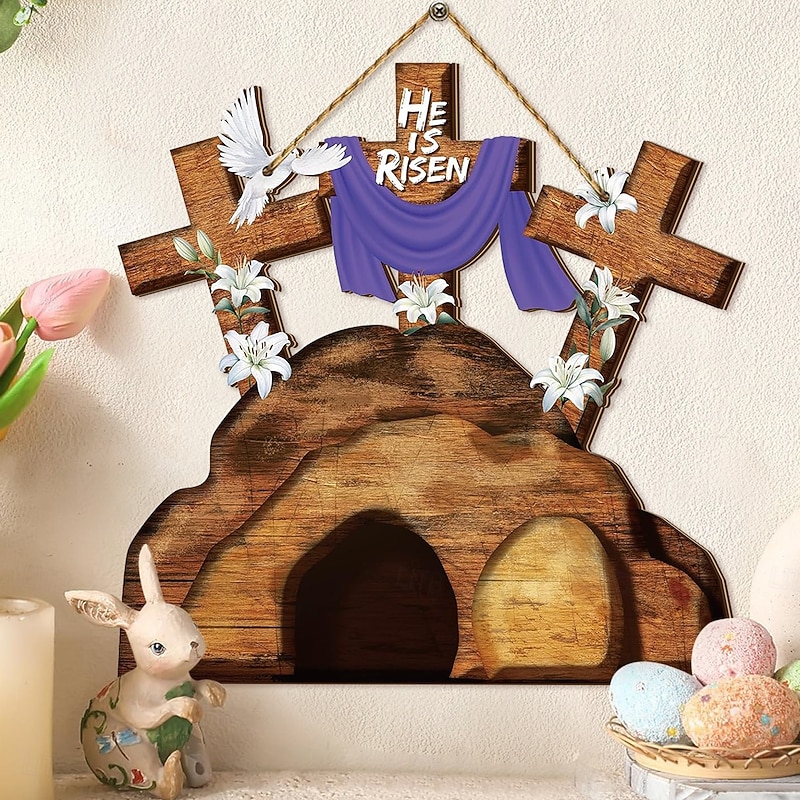 He is Risen Door Sign Hanging Wall Ornament Welcome Art Carving Easter Decoration Wooden Jesus Hanger for Party Window Home
