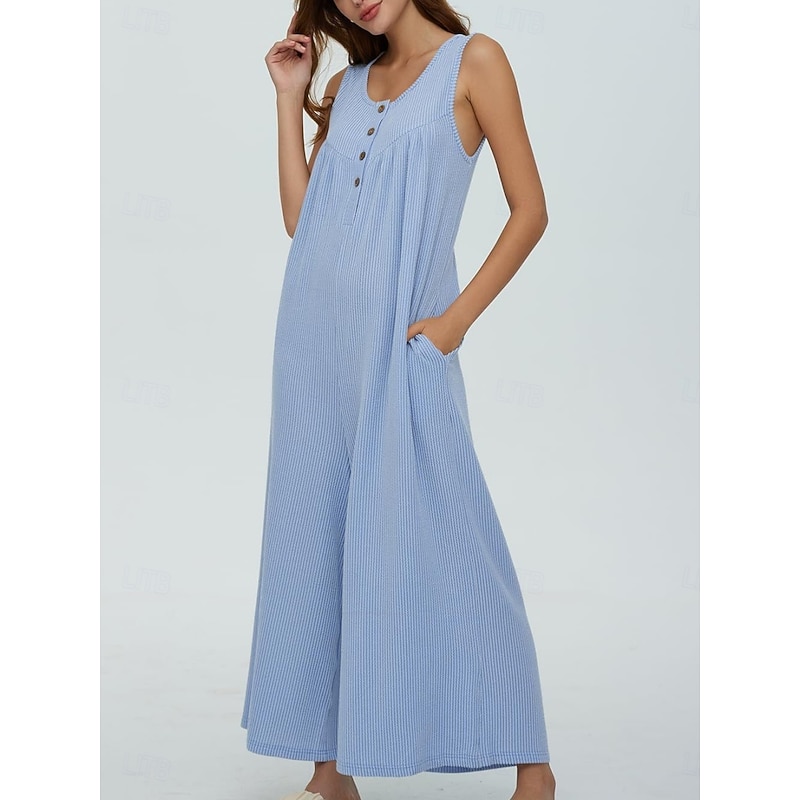 Women's Normal Jumpsuit Active Solid Color Sleeveless U Neck Buttons Pocket Vacation Daily Regular Fit Black Navy Blue Blue Summer