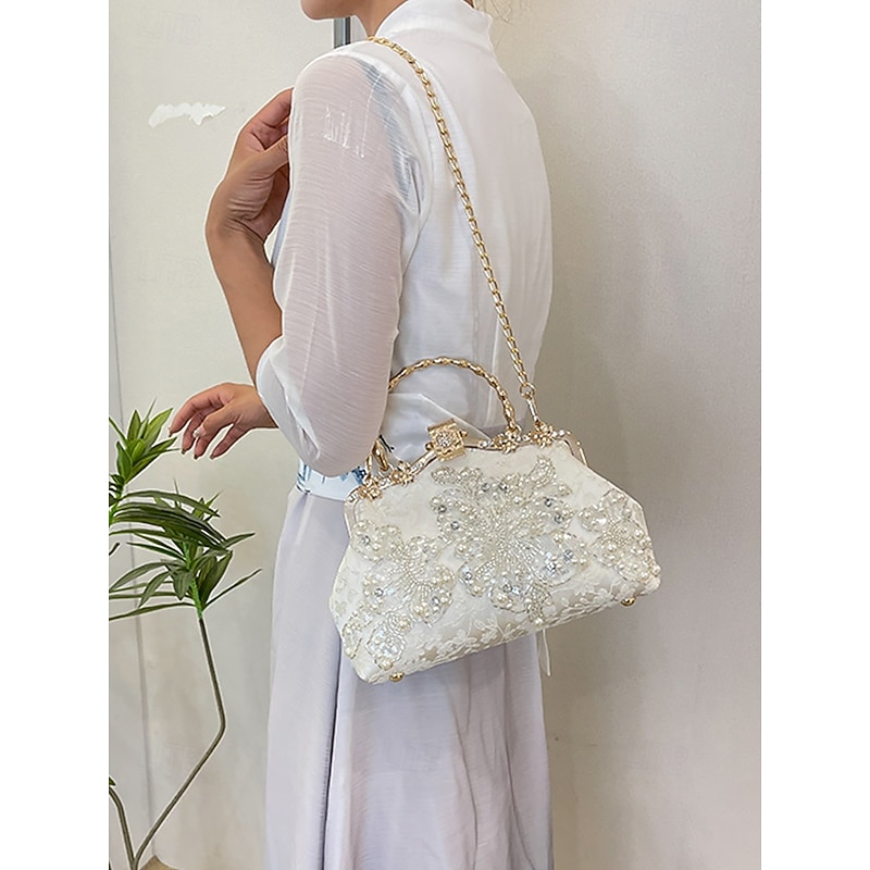 Elegant White Lace Evening Handbag with Pearl and Floral Embellishments – Stylish Bridal or Party Accessory for Women Black White3