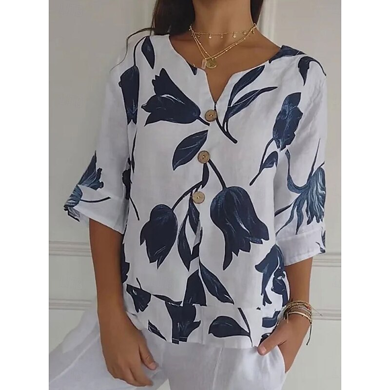 Women's Shirt Cotton Linen Shirts Button Up Blouse Graphic Elegant Daily Stylish 3/4 Length Sleeve V Neck Regular Tops Daily Holiday Going out Buttons Print White Pink Red Green Violet Summer Spring4