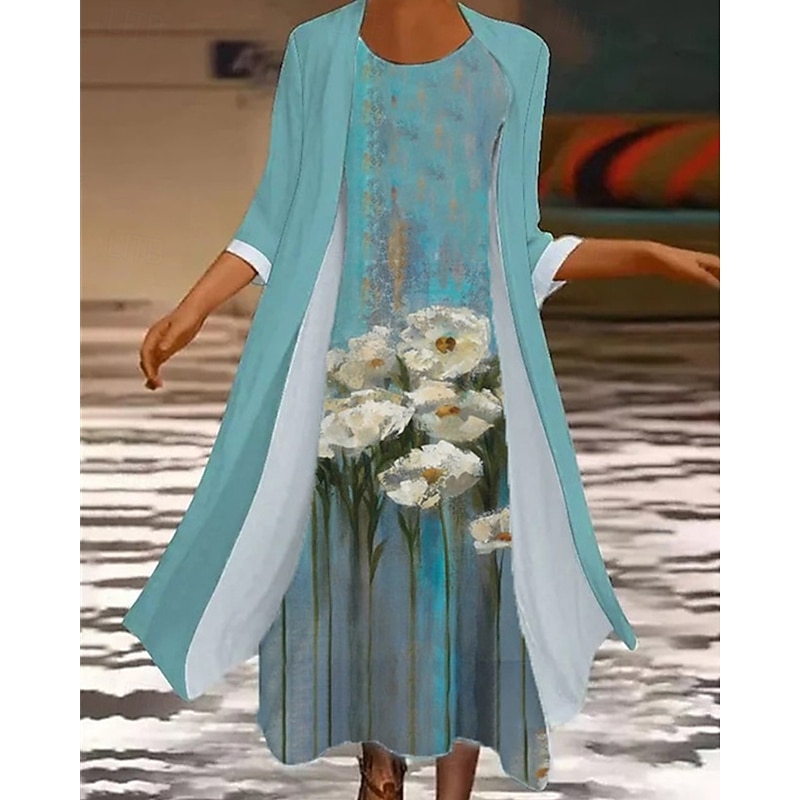 Women's Fashion Streetwear Skirt Sets 3/4 Length Sleeve Bell Sleeve Crew Neck Floral Print Daily Wear Date Blue Purple Light Blue Spring Regular Fit