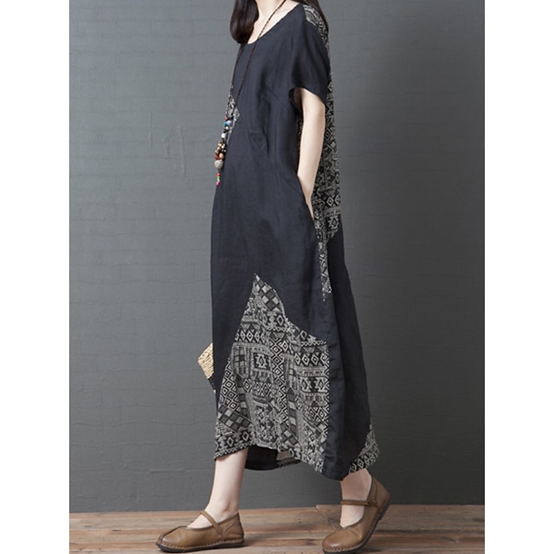 Women's Maxi Dress Casual Dress Cotton Linen Dress A Line Dress Basic Casual Vacation Daily Regular Fit Graphic Short Sleeve Crew Neck Black Summer2