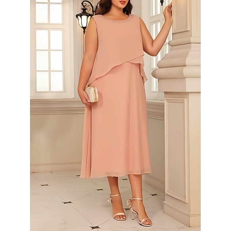 Two Piece A-Line Mother of the Bride Dress Elegant Vintage Jewel Neck Tea Length Chiffon 3/4 Length Sleeve with Beading3