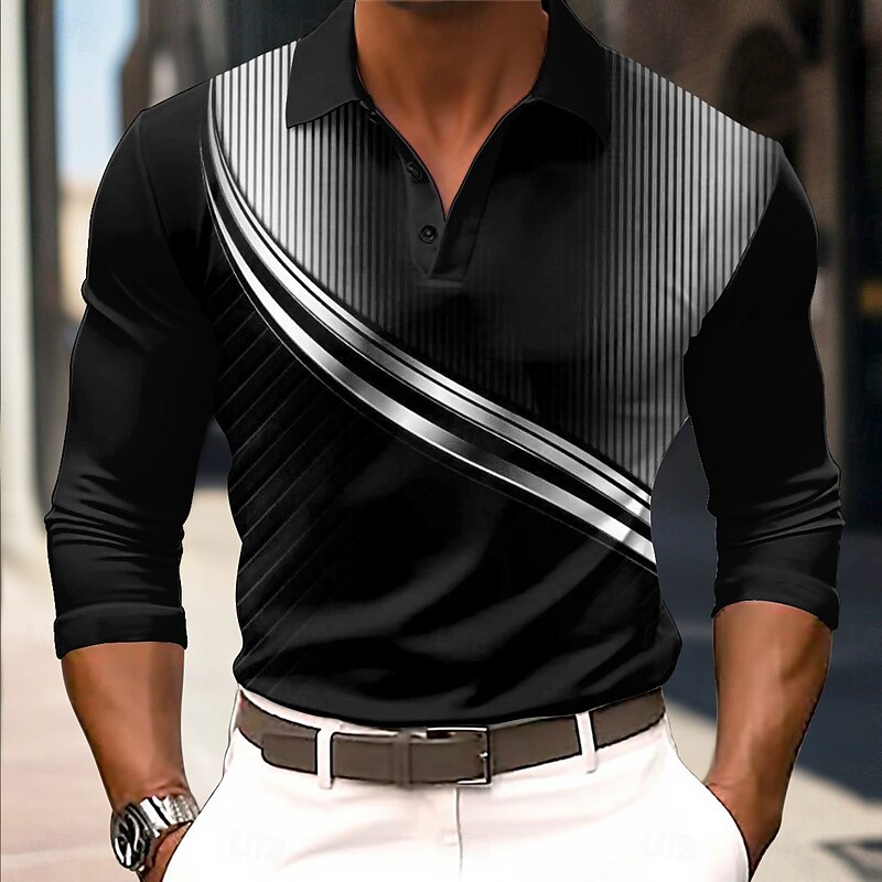 Men's Geometric Line Golf Shirt Long Sleeve Polo Shirts Collared Shirts Casual Business Casual Street Athleisure Outdoor clothing Holiday Buttons 3D Print Spring Fall Winter White Blue Orange2