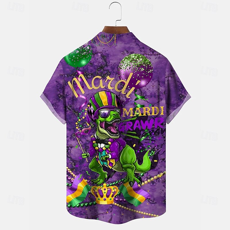 Mardi Gras Men's Dinosaur Carnival Shirt Button Up Shirt Short Sleeve Fashion Casual Vacation Gift Holiday Summer Spring Turndown Collared Shirts Front One Pocket Purple2