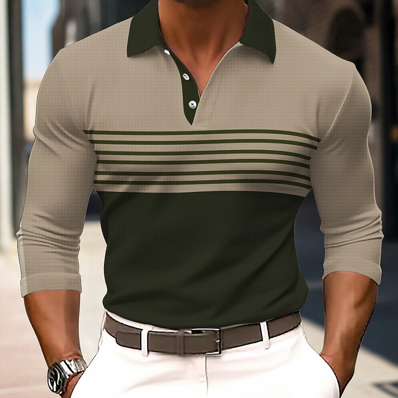 Men's Striped Rugby Polo Shirts Long Sleeve Polo Shirts Collared Shirts Business Casual School Athleisure Daily Wear 3D Print Spring Fall Winter Light Brown Light Grey Dark Gray2
