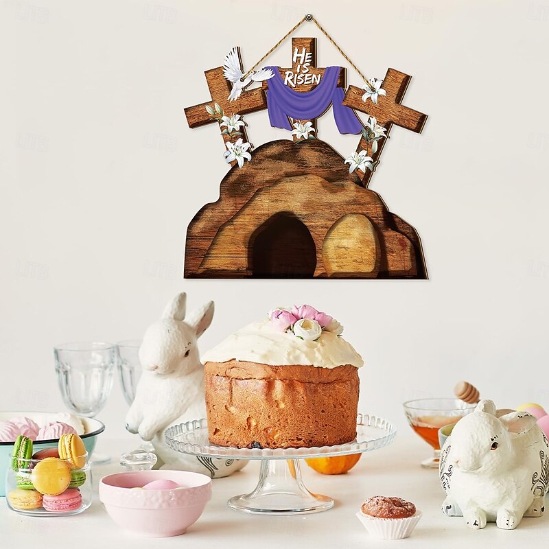 He is Risen Door Sign Hanging Wall Ornament Welcome Art Carving Easter Decoration Wooden Jesus Hanger for Party Window Home3