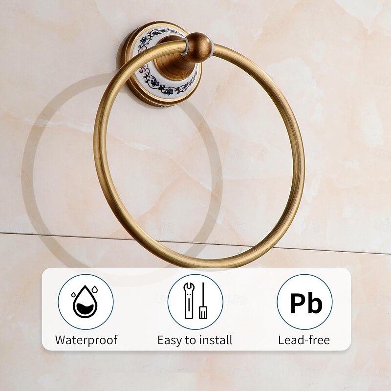 Brushed Brass Towel Holder Antique Brass Hanger Hand Towel Holder for Bathroom Kitchen Accessories Wall Mounted,Porcelain Design3