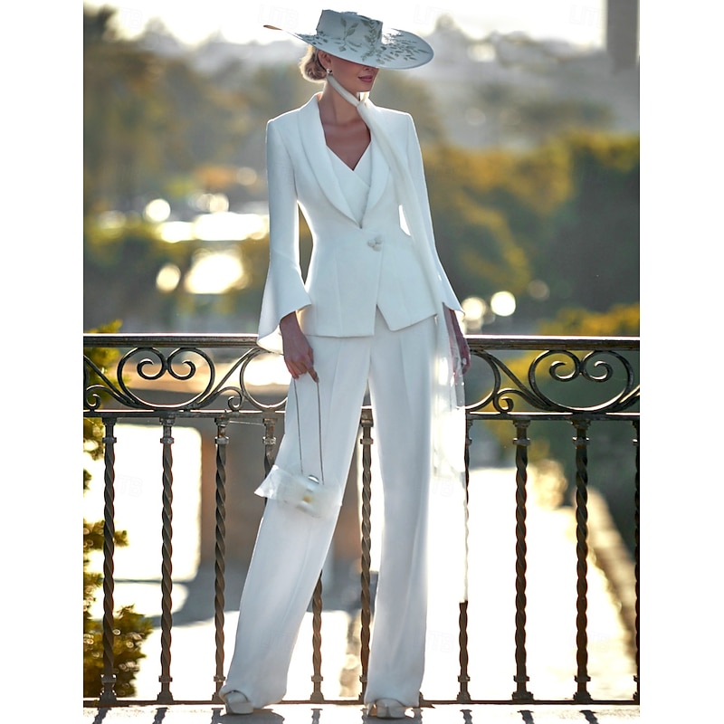 Women's 3 Pieces Suits Formal Wedding Guest Stretch Crepe Elegant Ruffle Sleeve Floor Length Shawl Lapel Single Breasted