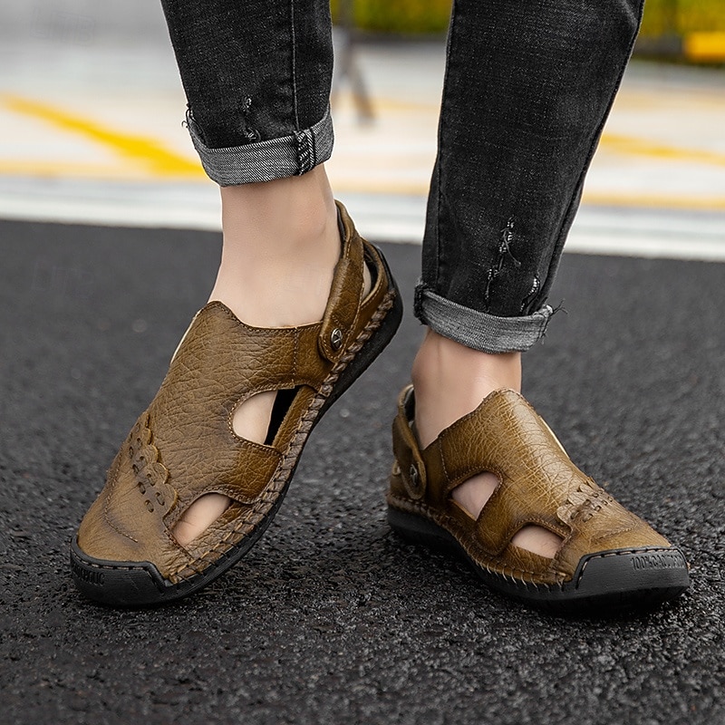 Men's Olive Green Leather Sandals with Adjustable Strap, Perforated Detailing, and Comfortable Sole – Perfect for Casual Wear, Outdoor Activities and Summer Adventures4