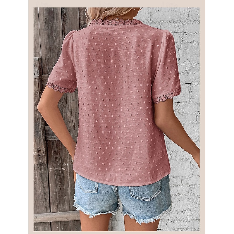Women's Shirt Blouse Solid Color Stylish Casual Short Sleeve V Neck Regular Tops Work Daily Holiday Lace White Pink Summer Spring4
