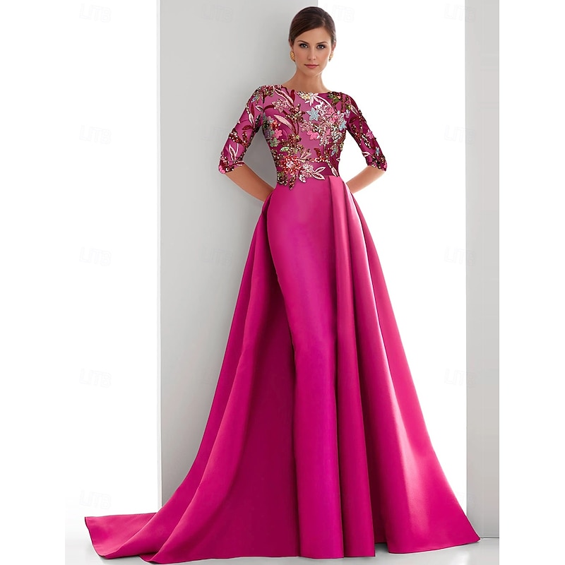 Beaded Floral Lace Appliques Black Tie Mermaid Evening Gown Elegant Dress Formal Wedding Sweep / Brush Train Half Sleeve Boat Neck Satin with Overskirt4