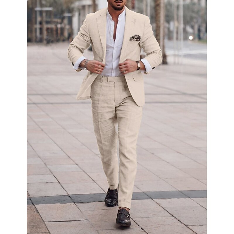 Men's Wedding Linen Linen Suits Notch Pink Dark Gray Solid Colored Tailored Fit 2 Piece Single Breasted One-button