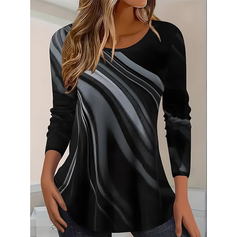 Women's T shirt Long Sleeve Crew Neck Long Sleeve Tunic Striped Color Gradient Elegant Vintage Regular Tops Daily Going out Weekend Print Yellow Red Blue Gray Prefall4