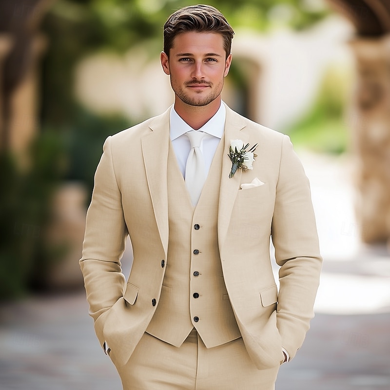 Men's Wedding Linen Suits Khaki Fashion Solid Colored Tailored Fit 3 Piece Single Breasted Two-buttons2