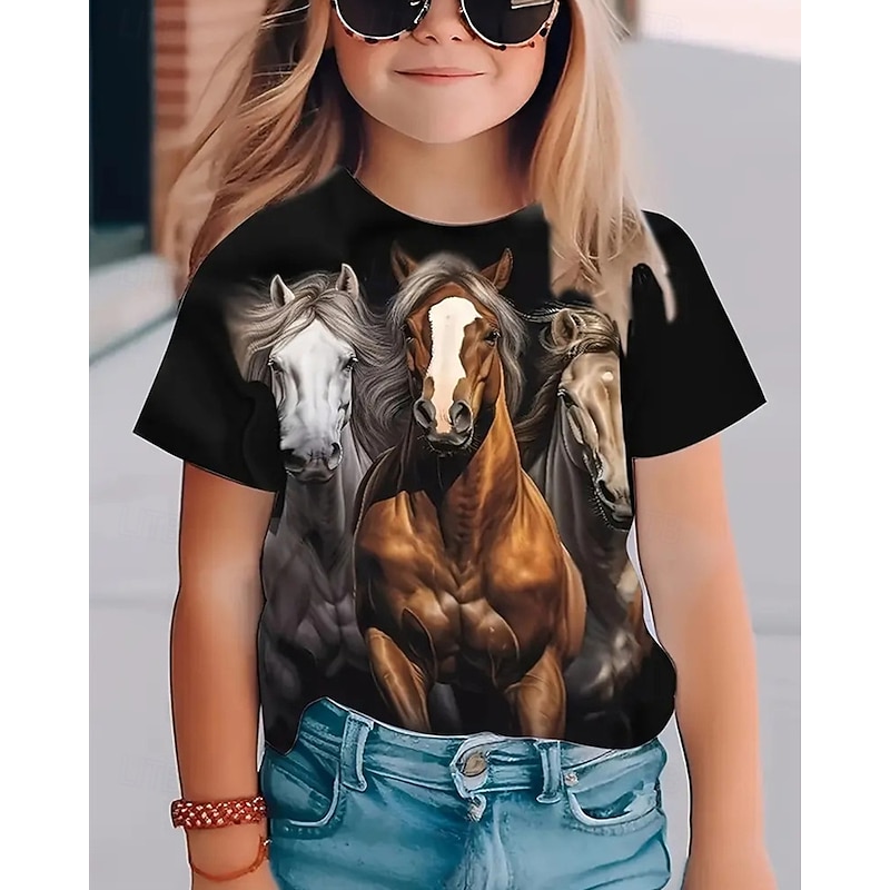 Girls' 3D Graphic Horse T shirt Tee Short Sleeve Summer Spring Fashion Basic Kids 4-12 Years Crew Neck Outdoor Casual Daily Regular Fit4