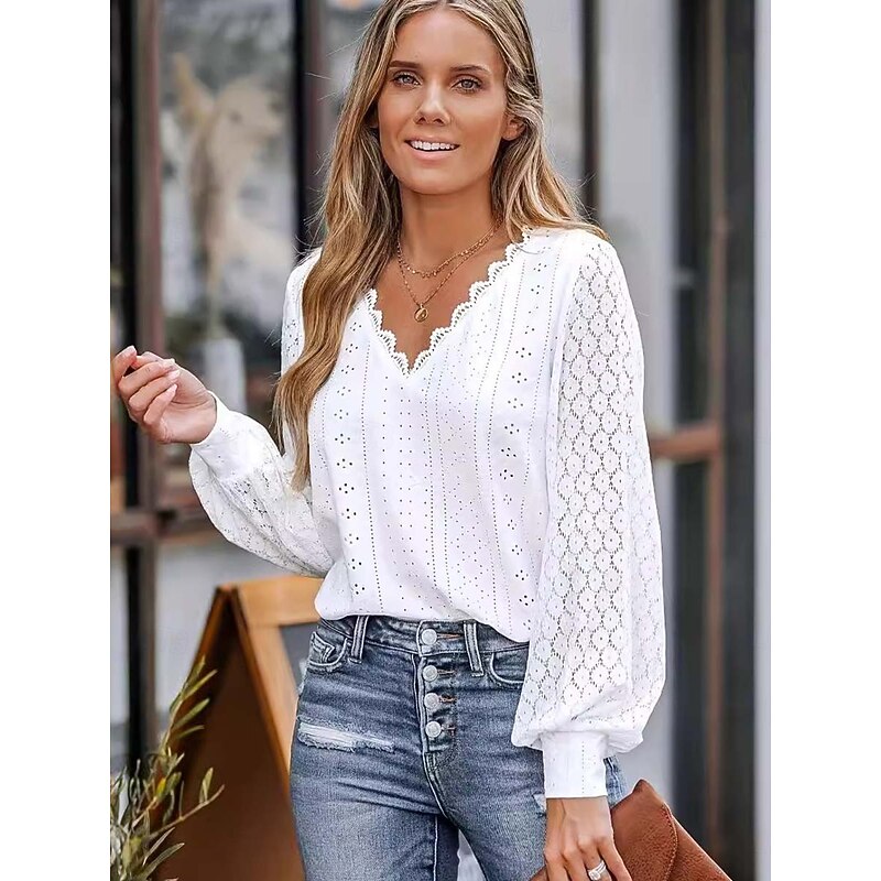 Women's Dressy Tops Elegant Long Sleeve V Neck Regular Tops Black White Summer Spring3