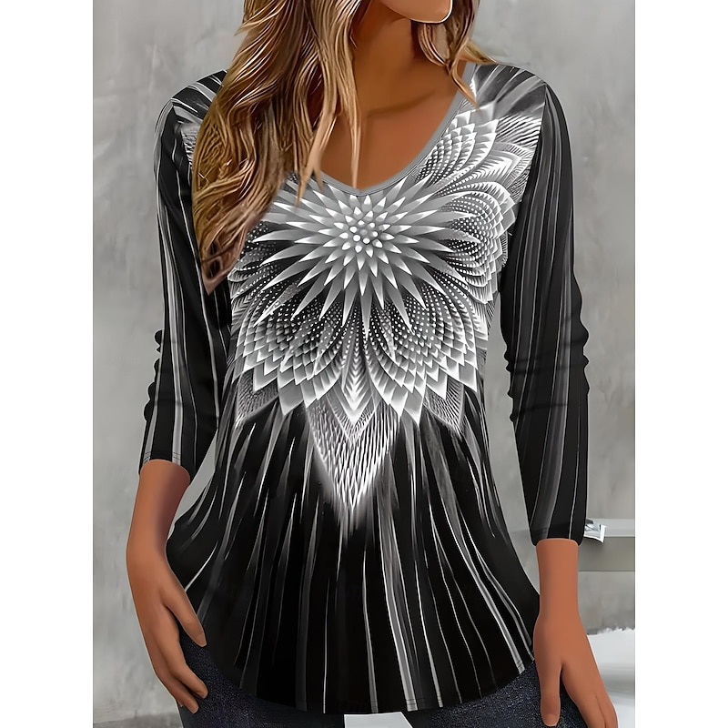 Women's T Shirt V Neck Long Sleeve Tunic Ombre Floral Geometric Elegant Vintage Regular Tops Daily Print Pink Orange Light Grey Summer Spring3