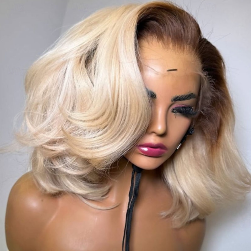 Remy Human Hair 5x5 Closure 13x4 Lace Front Wig Bob Short Bob Brazilian Hair Wavy Blonde Wig 130% 150% Density with Baby Hair Ombre Hair Pre-Plucked For Women Short Human Hair Lace Wig3