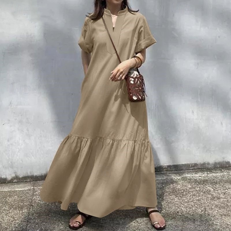 Women's Long Dress Maxi Dress Linen-Inspired Dresses Casual Dress Cotton Linen Dress Stylish Casual Vacation Daily Date Regular Fit Plain Short Sleeve Stand Collar Black Wine Khaki Summer Spring