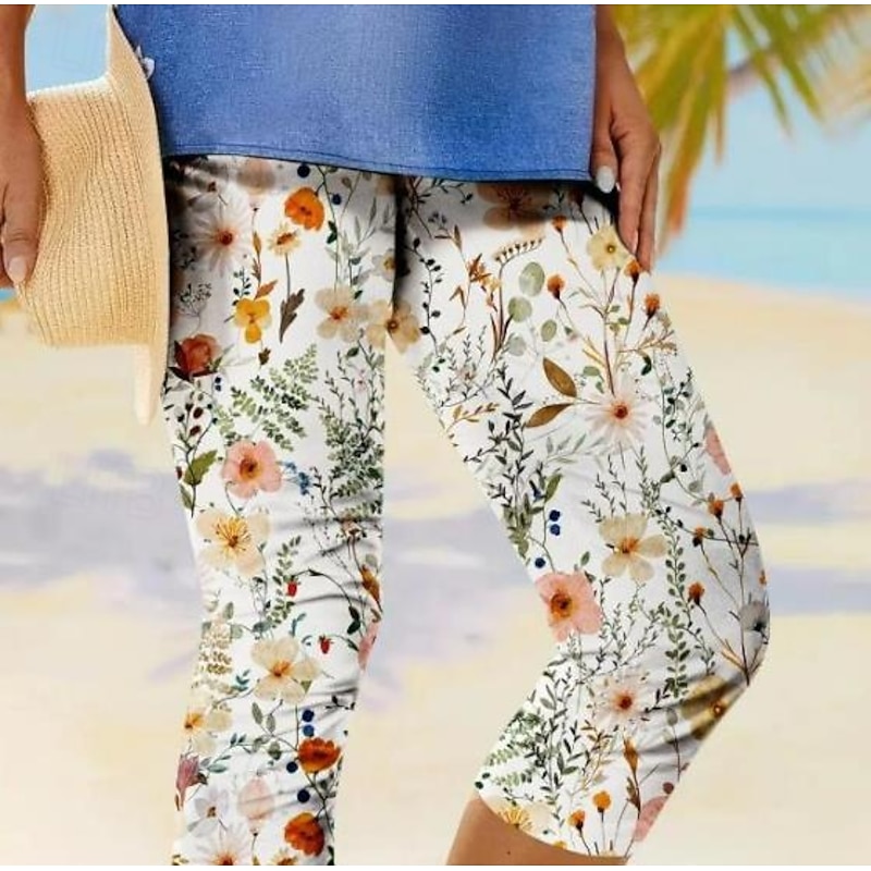 Women's Leggings Capri Pants High Elasticity Fashion Streetwear Full Length Mid Waist Floral Printing Thermal Warm Breathable Soft  Outdoor Daily Beach Buff Black Blue Sky Blue Summer Spring2