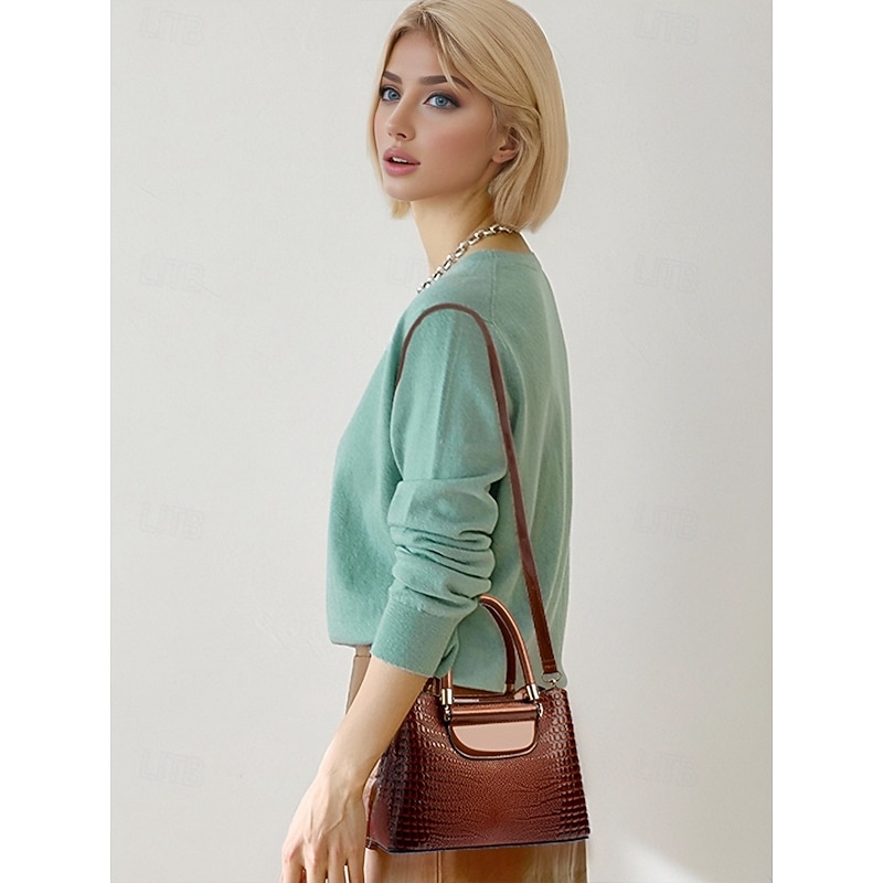 Elegant Croc-Embossed Faux Leather Handbag – Stylish Top Handle Purse with Detachable Shoulder Strap, Luxury Tote Bag for Women, Perfect for Work, Parties & Formal Events Black Pink Red2