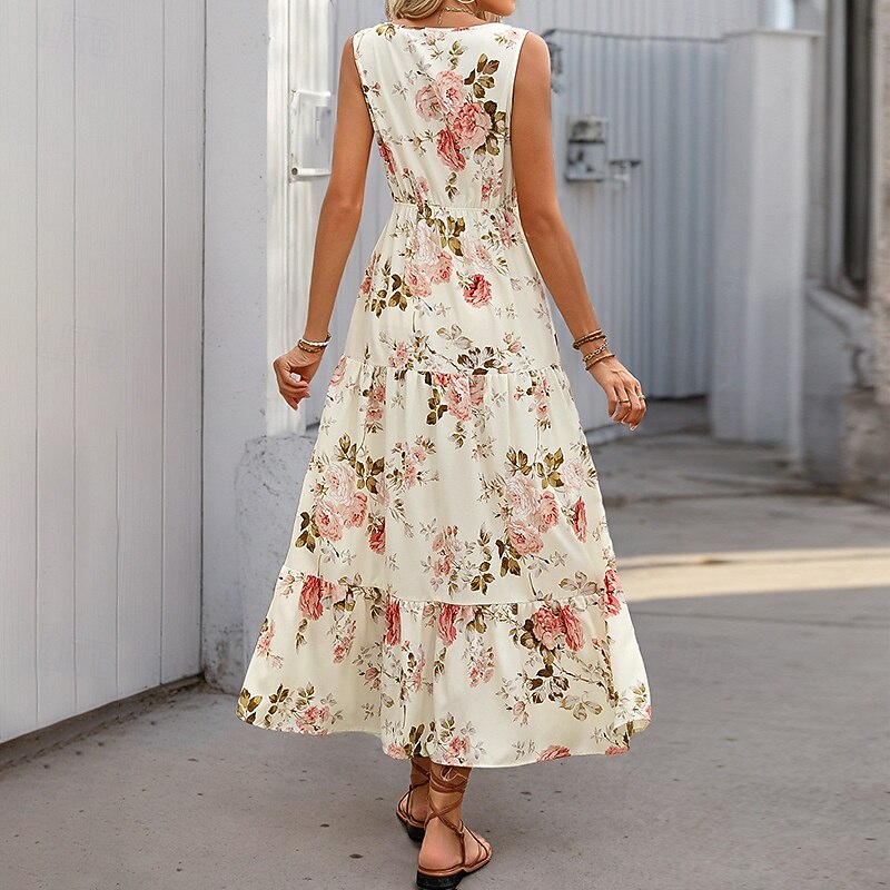 Women's Maxi Dress A Line Dress Floral Dress Stylish Casual Vacation Casual Daily Regular Fit Floral Short Sleeve V Neck White Summer Spring4