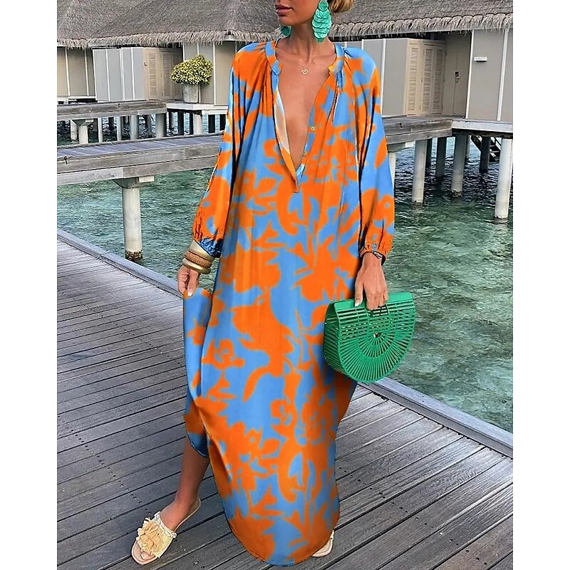 Women's Long Dress Maxi Dress Casual Dress Summer Dress Fashion Outdoor Holiday Date Regular Fit Geometric Long Sleeve Deep V Purple Orange Green Summer Spring2