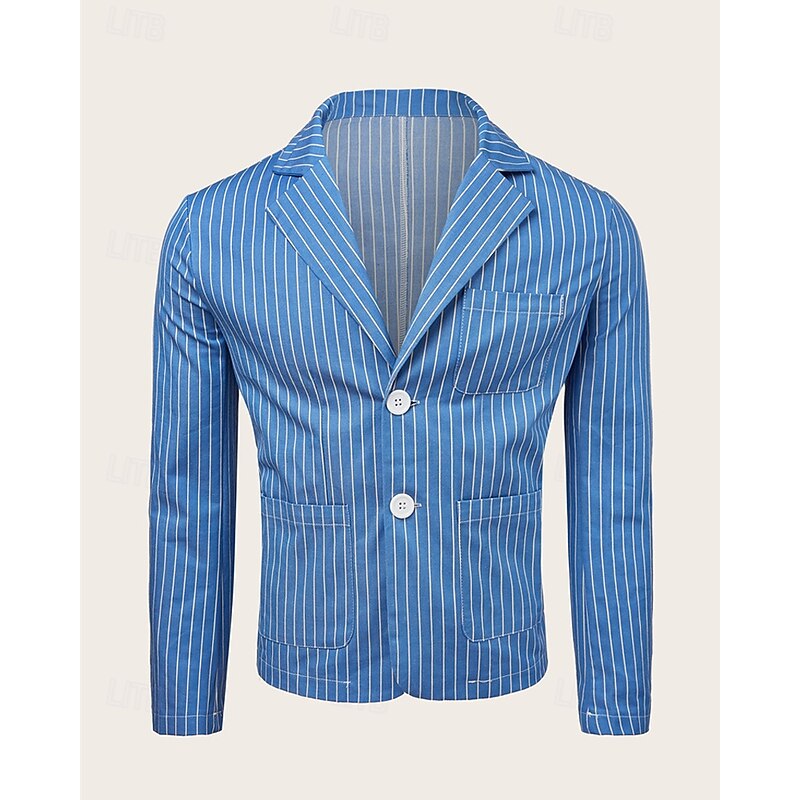 Men's Graduation Blazer Business Cocktail Party Wedding Party Fashion Casual Spring Autumn / Fall Cotton Blend Stripes Pocket Buttons Comfortable Single Breasted Blazer Royal Blue3