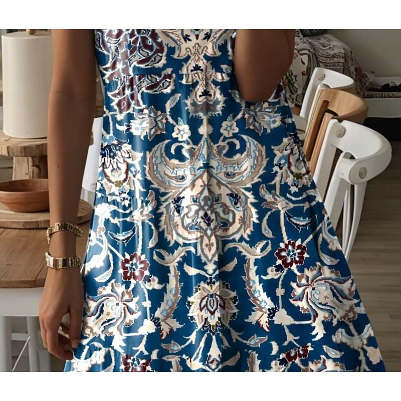 Women's Mini Dress  Vintage Dress Casual Dress Petite Dress Sundress Bohemia Vacation Casual Vacation Daily Holiday Regular Fit Graphic Geometric Paisley Sleeveless Crew Neck Blue Summer2
