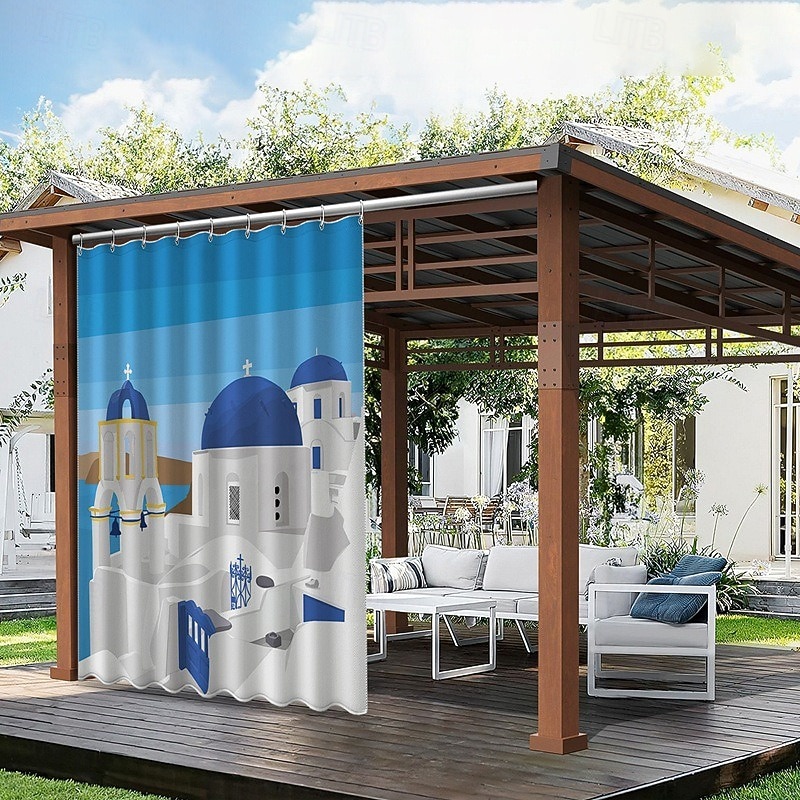 Waterproof Outdoor Curtain Privacy, Sliding Patio Curtain Drapes, Pergola Curtains Grommet 3D Landscape Satorini For Gazebo, Balcony, Porch, Party, 1 Panel2