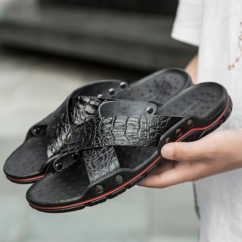 Men's Black Crosstrapped Sandals with Crocodile Pattern and Comfortable Rubber Sole – Casual Outdoor Footwear for Summer, Beach and Daily Wear