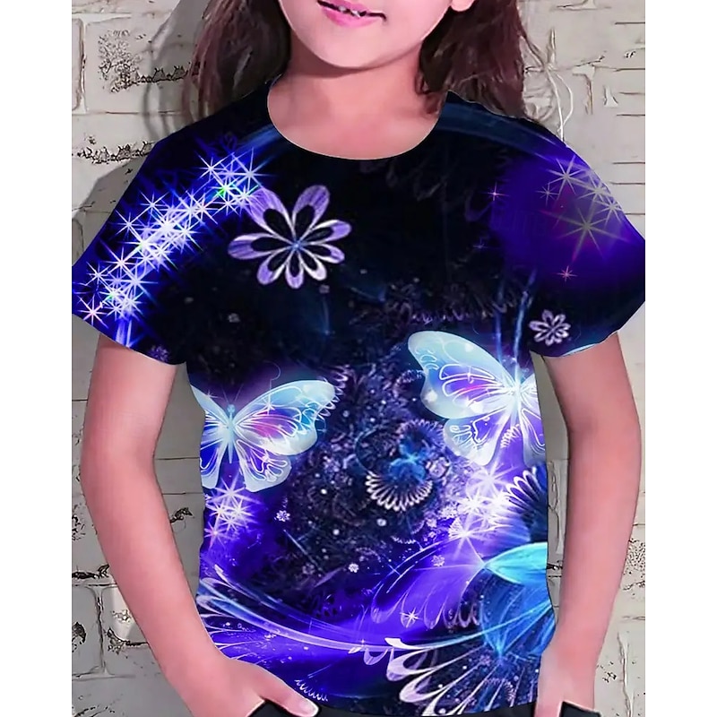 Girls' 3D Graphic Butterfly T shirt Tee Short Sleeve Summer Spring Fashion Basic Kids 4-12 Years Crew Neck Outdoor Casual Daily Regular Fit2