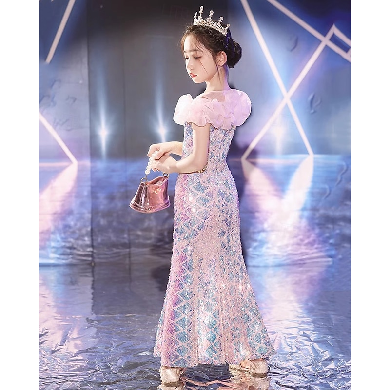 Kids Girls' Dress Mermaid Short Sleeve Performance Party Mesh Puff Sleeve Adorable Costume Polyester Maxi Casual Dress Trumpet Mermaid Dress Summer Spring 4 years+ Pink2
