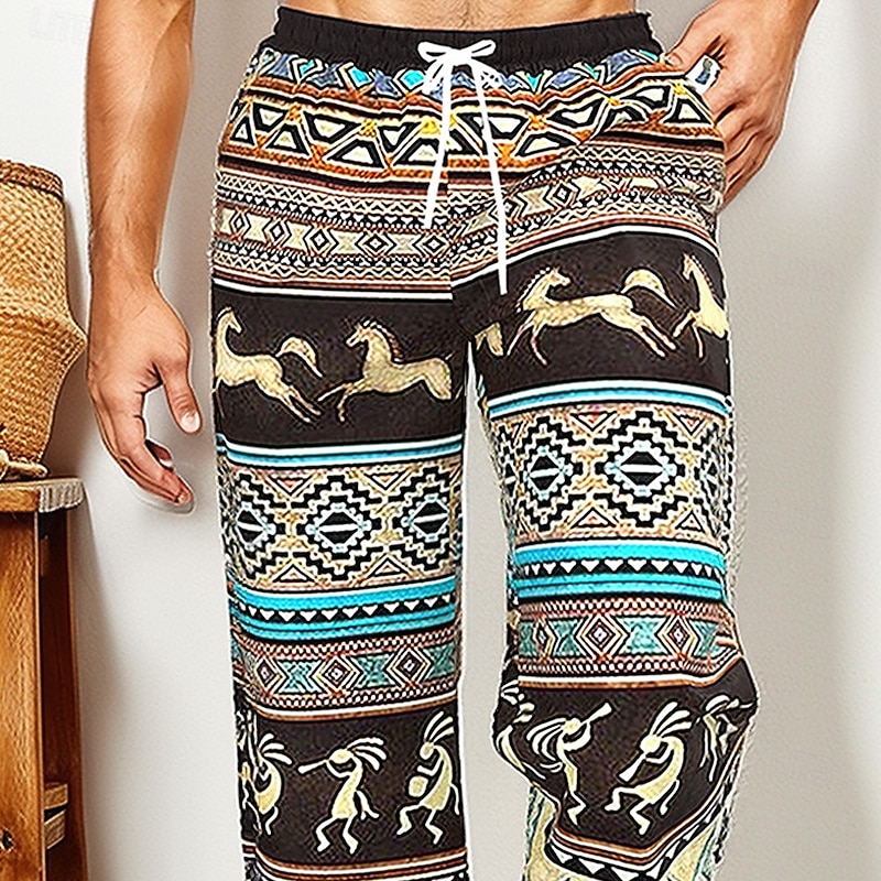 Men's Ethnic Kokopelli Trousers Baggy Pants Casual Pants Mid Waist Vintage Retro Tribal Vacation Holiday Beach Wear Drawstring Elastic Waist Wide Leg Summer Spring 3D Print Black2