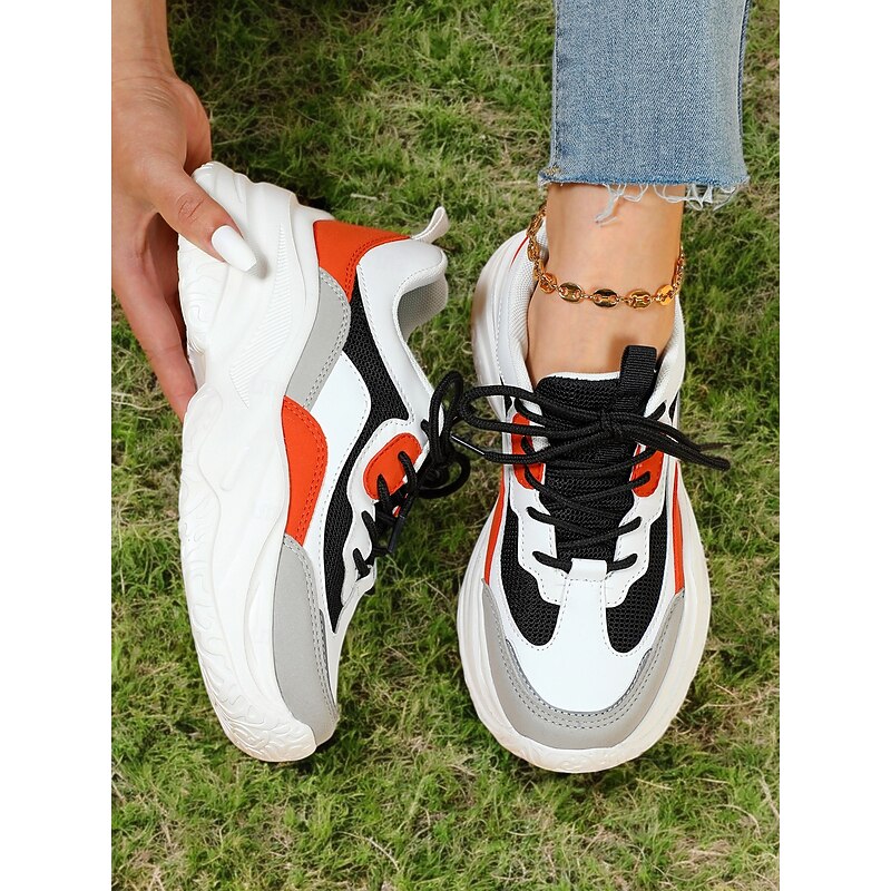 Women's Chunky Dad Sneakers – White & Orange Fashion Platform Running Shoes for Casual, Streetwear & Athletic Style4
