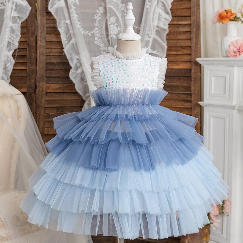 Flower Girl Dress Girls' Princess Dress Party Dress Wedding Special Occasion Princess Sequins Solid Color Sleeveless Crew Neck Pink Blue 3-12 Years4