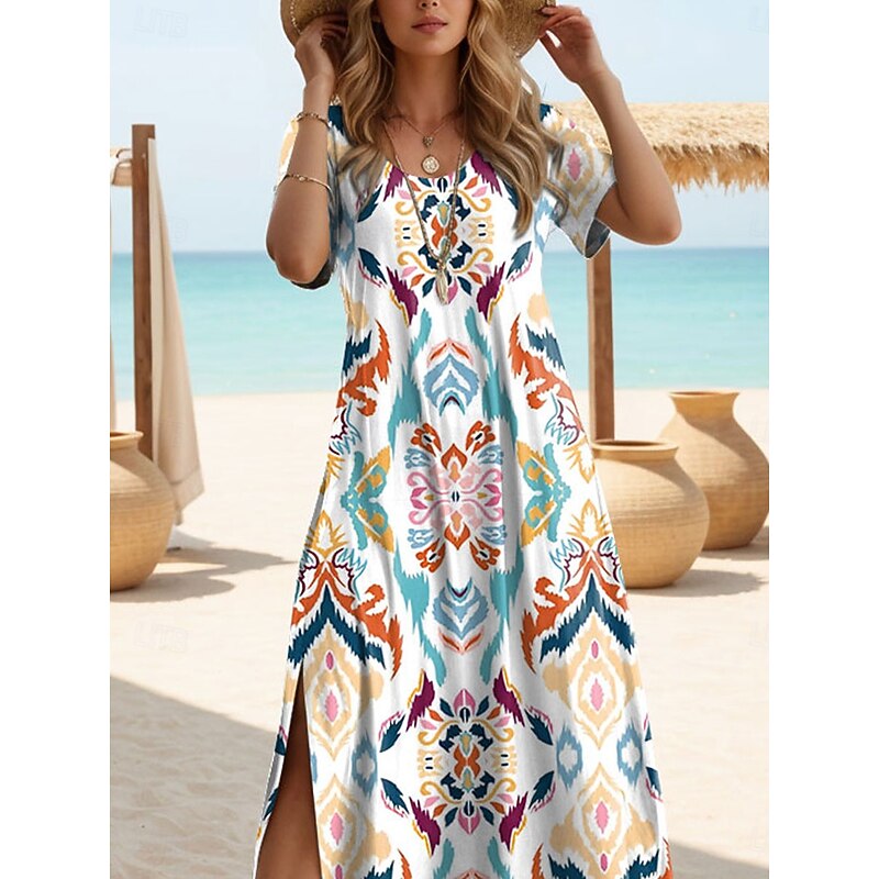 Women's Maxi Dress Black Dress Long Sleeve Boho Dress Elegant Vintage Butterfly Sleeve Vacation Beach Regular Fit Floral Graphic Vintage Short Sleeve Crew Neck Blue Purple Orange Summer4