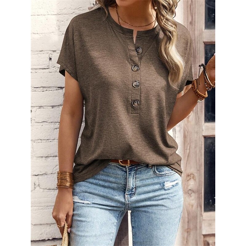 Women's T Shirt Plain Fashion Modern Casual Short Sleeve V Neck Regular Tops Daily Weekend Patchwork Buttons Pink Blue Brown Green Summer Spring4